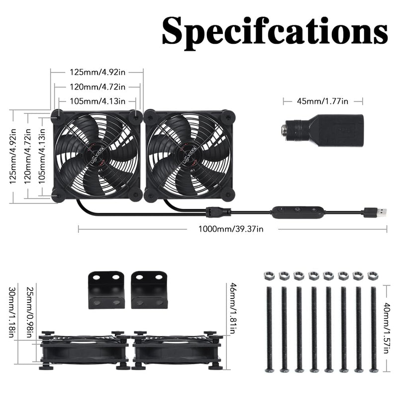 Dual 120mm Fan - 10 Speed USB 5V/DC 12V IPX5 Waterproof, Portable Cooling for Tablet, TV Receiver, Router, DVR, Xbox, Greenhouse, Kennel & PC/Computer Cabinet Component