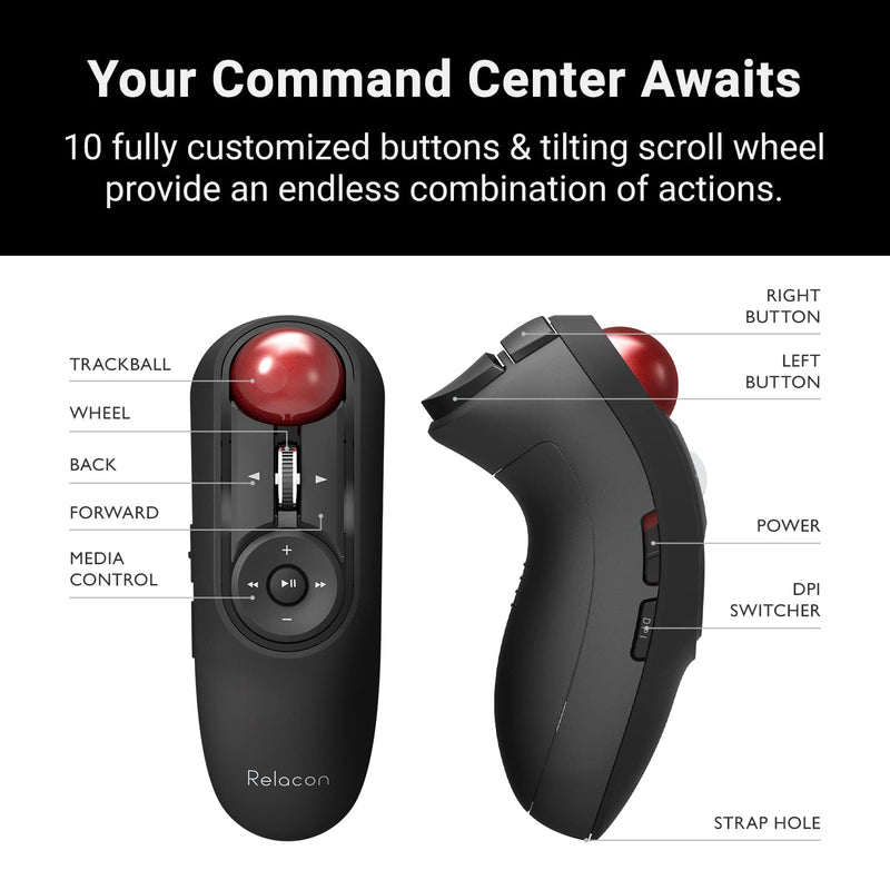 ELECOM 2.4GHz Wirelss Handheld Thumb Control Trackball Mouse, Ergonomic Design,10-Button Function with Smooth Tracking, Optical Gaming Sensor, Left Right Handed Mice, for Windows and Mac (M-RT1DRBK
