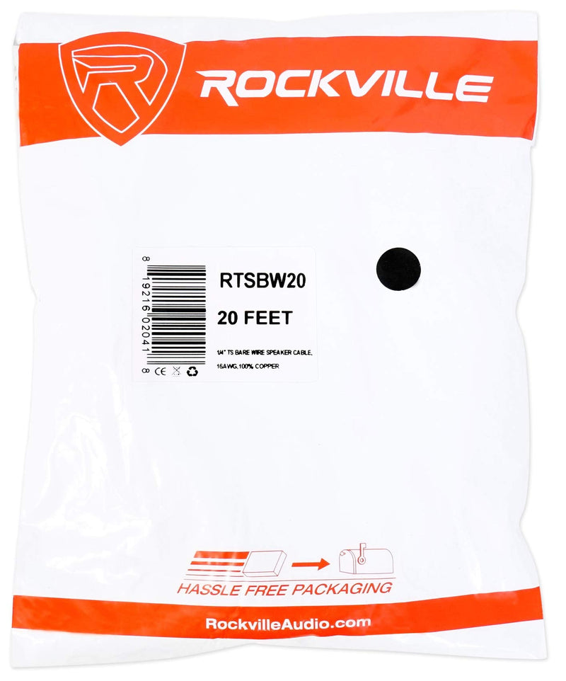 Rockville RTSBW20 16 AWG 1/4" TS to Bare Wire Speaker Cable, 20 Ft, 100% Copper, Durable PVC Jacket, Flexible Design, High-Performance Audio for Home Theater and Studio