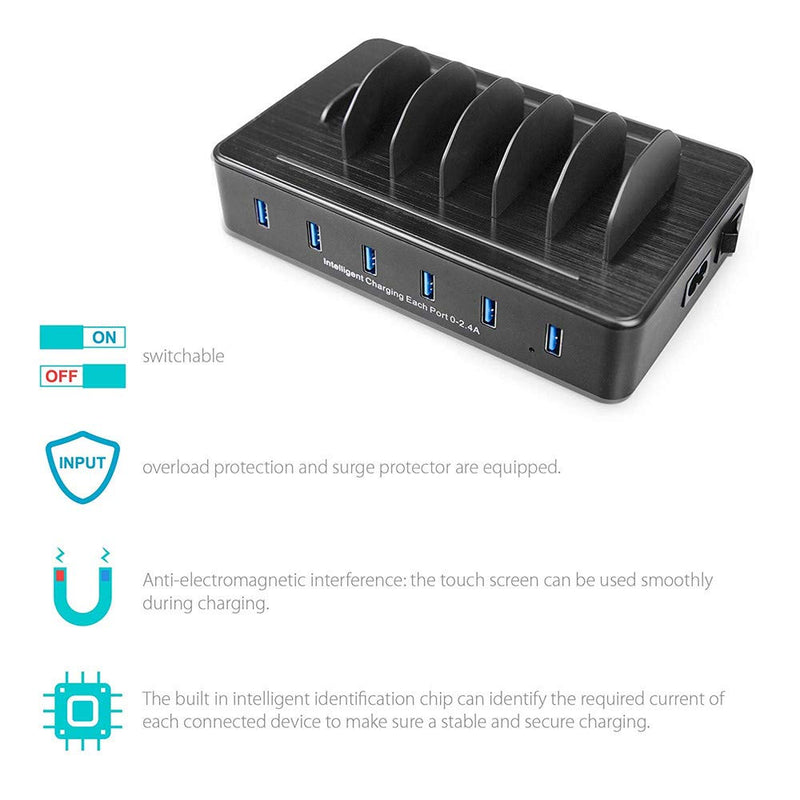 Fast Charging Station for Multiple Devices,50W 6 USB Ports Family Charger Compatible with Apple iPhone iPad and Android Phone and Tablet 6-USB-port&Black