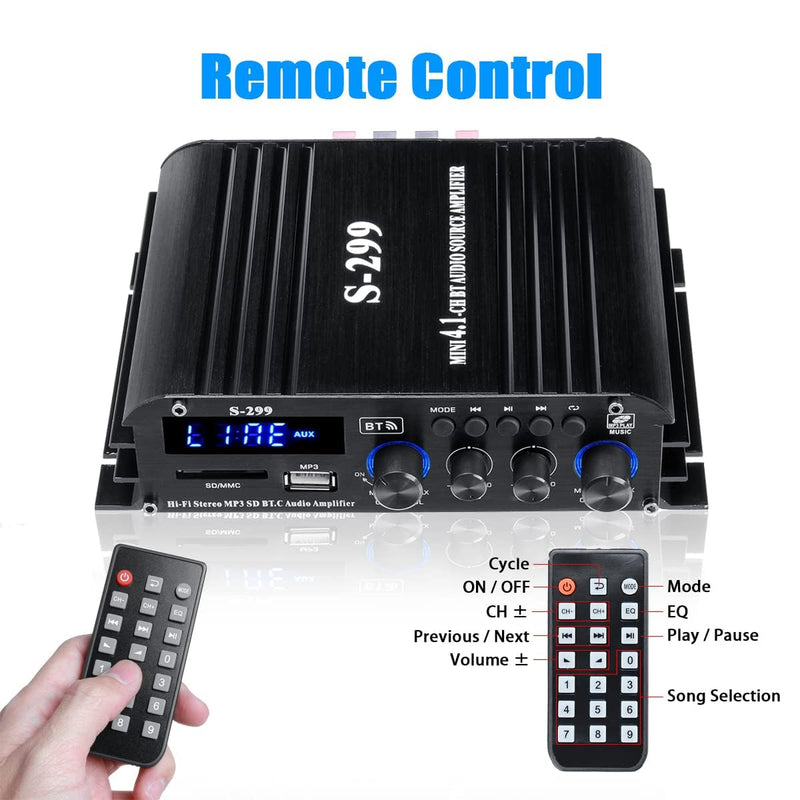 4.1 Channel Mini Audio Amplifier Receiver, Power Amplifier, Bluetooth 5.0 Amplifier, 50Wx4 + Active Subwoofer, Integrated Hi-Fi Loudspeaker Amplifier, Audio Reduction System for Car or Home 4.1 CH With Subwoofer (No FM)