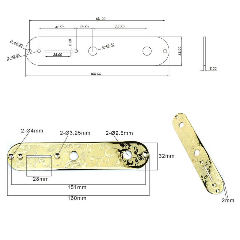 [AUSTRALIA] - Stainless Steel Engraved Telecaster Control Plate 2-Hole Mount 9.5mm (3/8") CNC Electric Guitar Control Plate Compatible with Most Fender Tele Style Guitar Replacement Parts（Gold） Gold 
