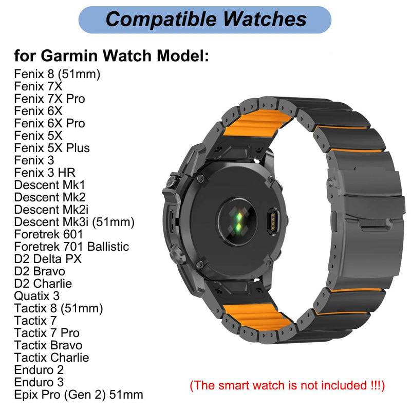 26mm Titanium Silicone Bands for Garmin Fenix 8 (51mm)/Fenix 7X/6X/5X/Fenix 3 HR, Descent Mk2i Mk2, Tactix 8 7, Enduro 2 3, Epix Pro Gen 2 (51mm) - 26mm Quick Easy Fit Watch Band Strap for Garmin Watch Black/Orange