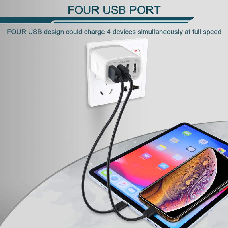 USB Charger Cube, Wall Charger Plug, AILKIN 4.8A 4-Muti Port USB Adapter Power Plug Charging Station Box Base Replacement for iPhone 15 14 13 12 11 Pro Max/X/8, iPad, Samsung Phones USB Charging Block White 1