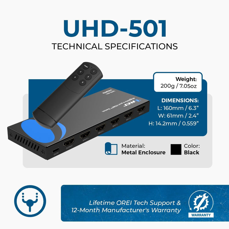 [AUSTRALIA] - OREI 4K HDMI Switch 5 in 1 Out – HDMI Switch with Remote 4K@60hz with HDR, Dolby, DTS & 3D - 18Gbps Switcher - for PS5/4, Xbox, Roku, Fire TV 