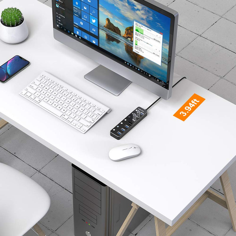 USB Hub,VKUSRA 7 Port USB Hub 3.0 with 4ft USB Extension Cable Multiple Port,Individual USB On/Off Switch and LED Indicator,USB Splitter for Laptop,Mac,Xbox,Printer, Flash Drive USB HUB 7 PORTS