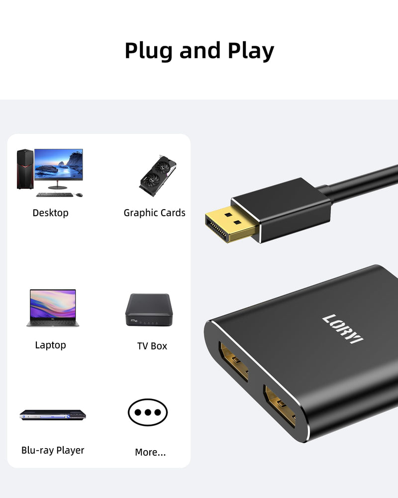 Displayport to Dual Displayport Splitter Adapter,4K60Hz MST Displayport hub 1 in 2 Out Display Port for Dual Monitors,DP1.4 Display Port Splitter for Desktop, Laptop,Extend Display