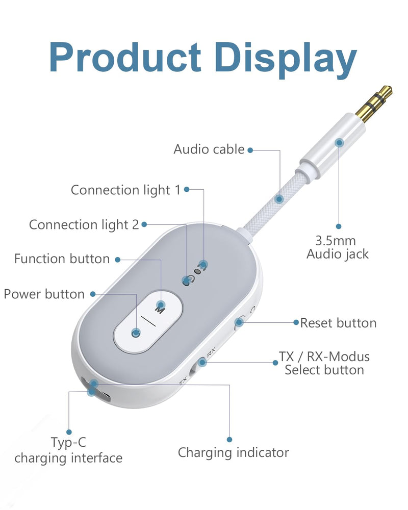[AUSTRALIA] - Bluetooth 5.3 Transmitter Receiver for Car, 2-in-1 Wireless Audio Adapter with 3.5mm AUX, Low Latency, Supports Dual Pairing for AirPods/Headphones, 18+ Hours Battery for Home Stereo, TV, Airplane 