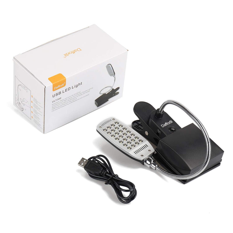 USB and Battery Powered Desk Keyboard Light - Daffodil ULT300 - Table/Headboard Clamp and Flexible Gooseneck with 28 LED Beads in 3 Brightness Levels for Easy Reading