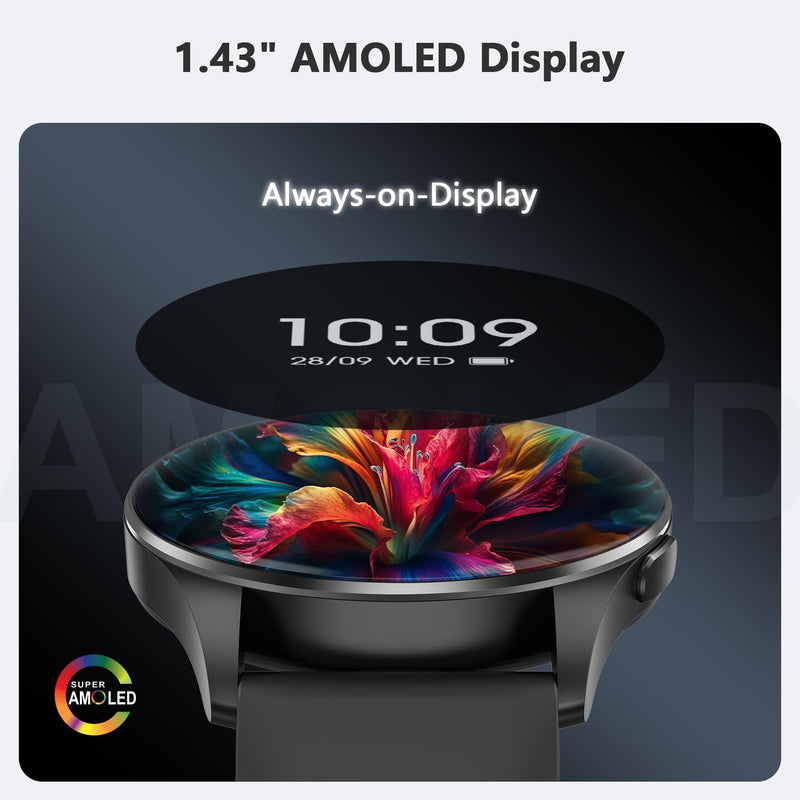 Blackview Smart Watch for Women Men (Make/Answer Calls),1.43''AMOLED Touchscreen Fitness Tracker with 100+ Sports Modes, Heart Rate/SpO2/Sleep Monitor/2 Straps, Smartwatch for iPhone & Android W40-Black