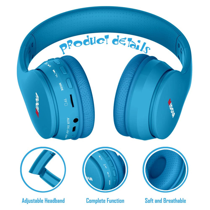 Headphones Bluetooth Wireless Kids Volume Limit 85dB /110dB Over Ear Foldable Noise Protection Headset/Wired Inline AUX Cord Mic for Children Boy Girl Travel School Phone Pad Tablet PC Blue