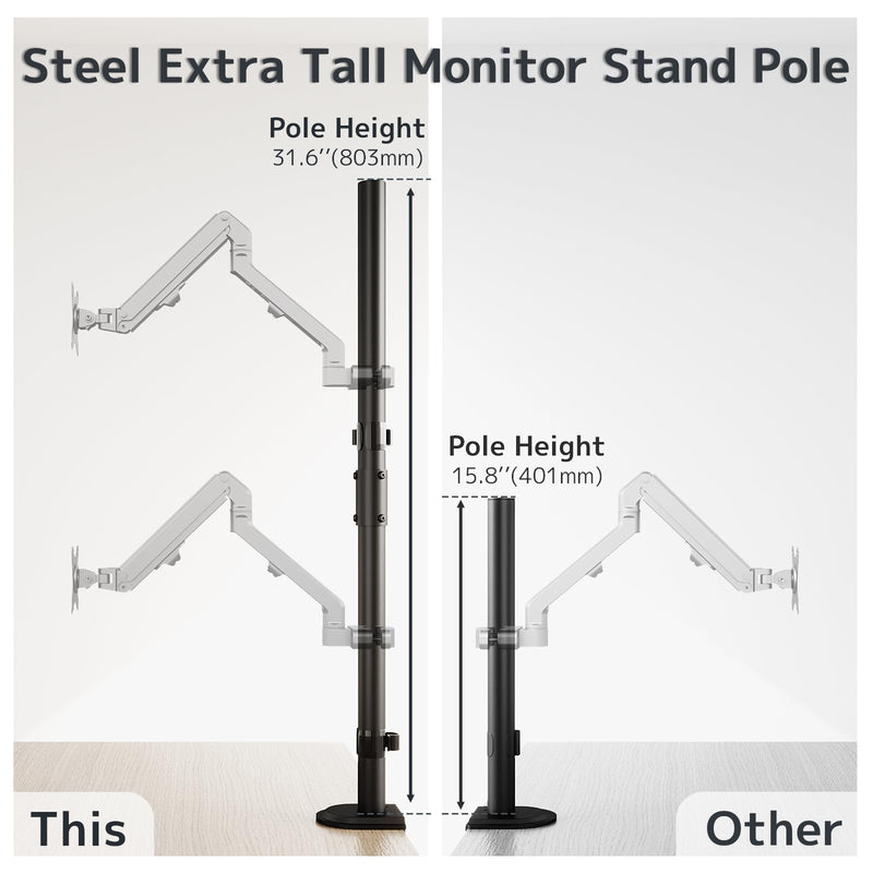 31.6" Steel Extra Tall 2-Section Monitor Arm Pole with C-Clamp/Grommet Base | Sturdy Center Pole Only for Monitor Stand Mounts, Adjustable Height, Compatible with C-Clamp & Grommet Bases,Black black