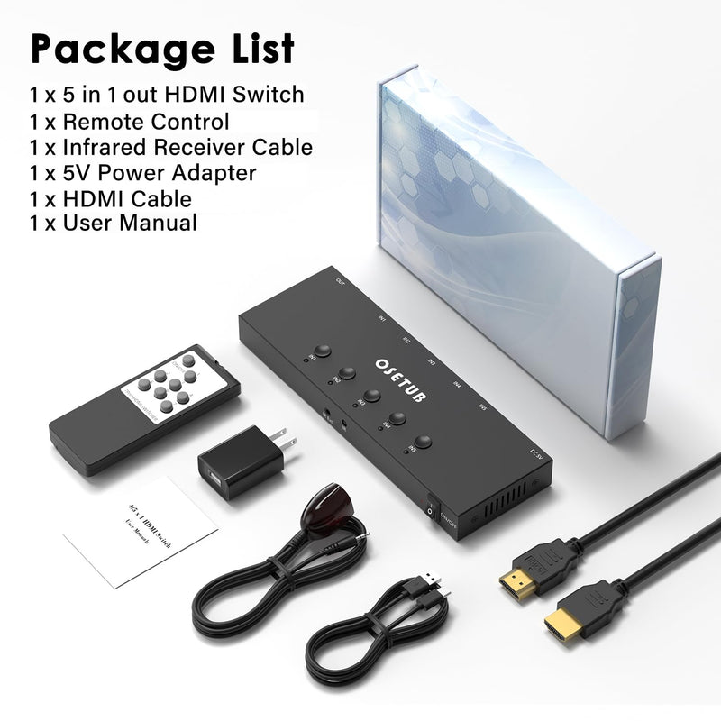 4K@60Hz 5 in 1 Out HDMI Switch, 5 Port HDMI Switcher Selector Support HDR10 & HDCP 2.2 & Full 3D with IR Remote Control Compitable with Nintendo Switch,Xbox PS5/4,Fire Stick,Roku,Apple TV for Gaming 4K@60Hz 5 in 1 Out HDMI Switch Upgraded