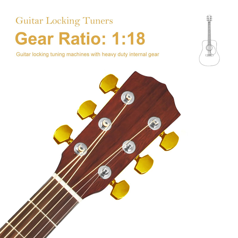SAPHUE Guitar Locking Tuners 1:18 Lock String Tuning Key Pegs Machine Head with Hexagonal Handle Replacement for Electric Folk or Acoustic Guitars (Gold) Gold