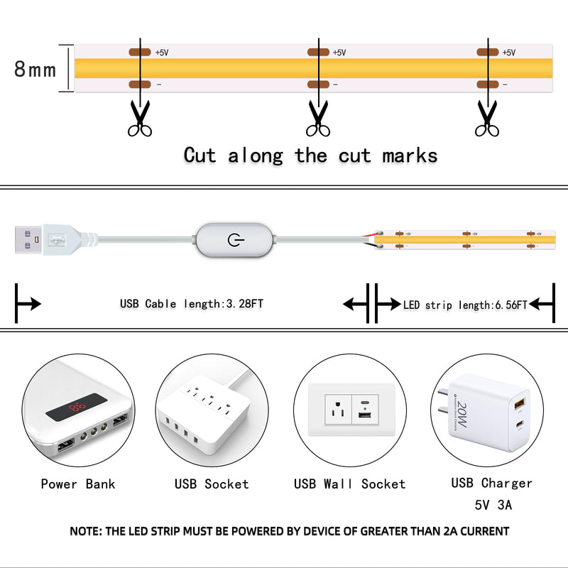 Led Strip Lights 5V USB 6.56ft/2m 640 LEDs Touch stepless Dimmable USB COB LED Strip Light 6500K White 10W Flexible 5v led for Bedroom Kitchen,Room Decor,3D Printing Lighting (3Pack) 6.56FT/6500K White (3Pack)