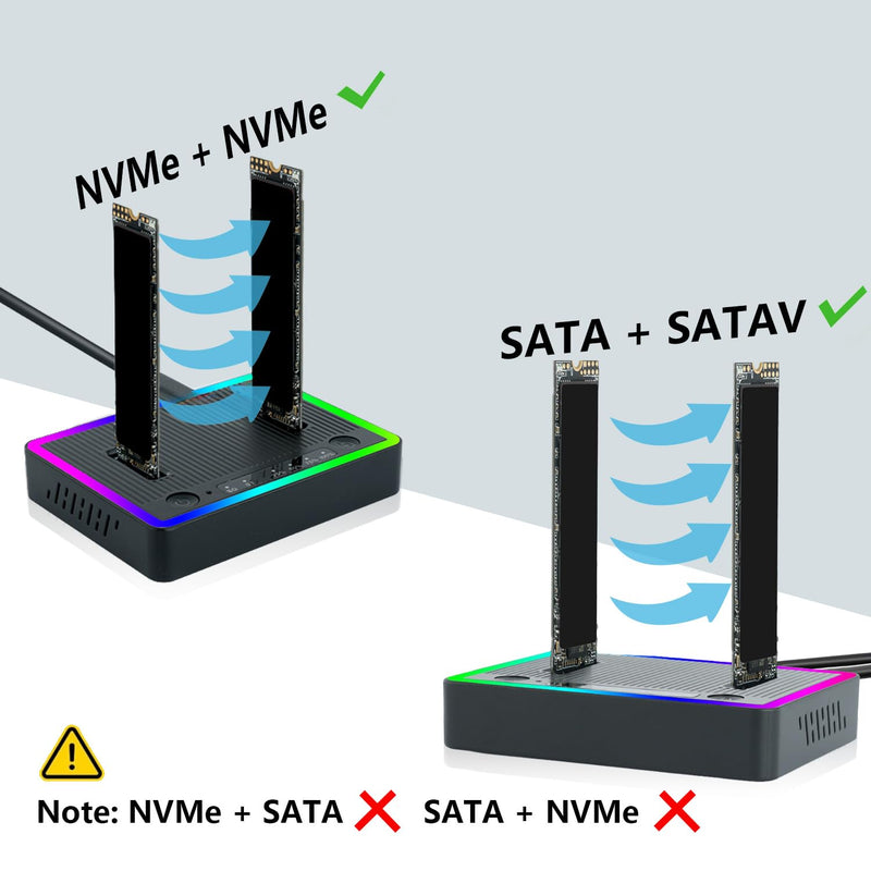 M.2 NVMe SATA SSD Cloner Dock, Dual NVMe SATA SSD Enclosure, 20Gbps USB3.2 Gen 2X2 SSD to USB Adapter,M.2 Duplicator Cloner for Both (M Key,B+M Key) Tool-Free,Support Offline Clone-RGB Plastic