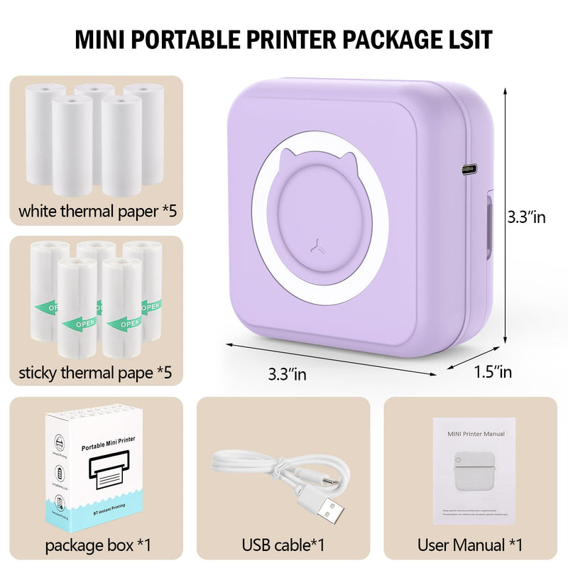 Mini Sticker Printer - Mini Pocket Printer for iPhone Thermal Printer with 10 Rolls Thermal Paper for Journal, Memo, Photo, Purple