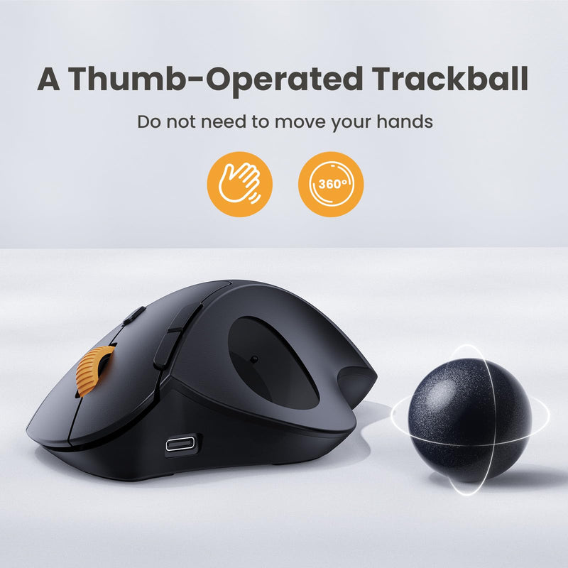ProtoArc EM04 Wireless Trackball Mouse, Bluetooth Trackball Mouse | Thumb-control design reduces wrist fatigue, connect 3 devices via Bluetooth/2.4G USB-A, 500mAh rechargeable battery Gray