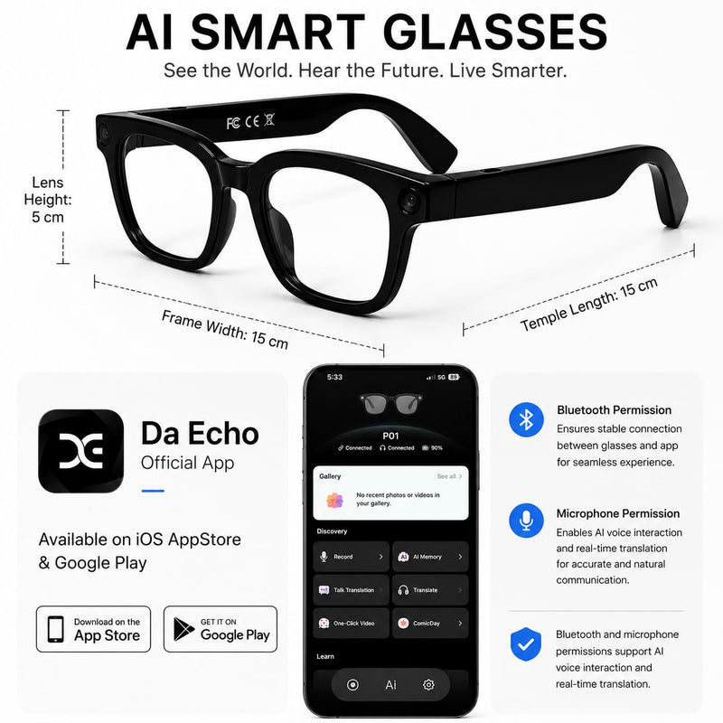 Smart Glasses with Camera for Travel, Recording, Translation, Music Player | 8MP camera, voice control, real-time translation, object recognition, photochromic lenses and open-ear audio