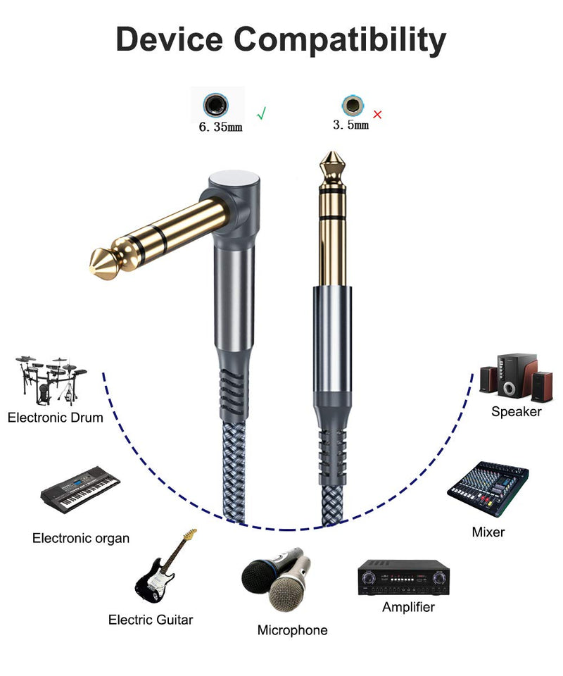 6.35mm TRS Instrument Cable 10FT 2-Pack,Right Angle 90 Degree 1/4 Inch Male Jack Stereo Audio Cord,6.35 Balanced Line Lead for Electric Guitar,Bass,Keyboard,Mixer,Amplifier/AMP,Speaker,Equalizer,FT,6 10 Feet gray