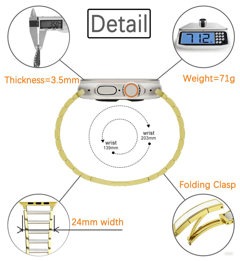 Stainless Steel Band for Apple Watch 11/10/9, Ultra 3, SE 3, Ceramic-Like | MaKTech No-Tool Link Removal Bracelet, 316L Deployment Clasp, for Apple Watch Series 11/10/9/8/7, Ultra 3/2/1, SE 3/2/1 42mm/41mm/40mm Gold
