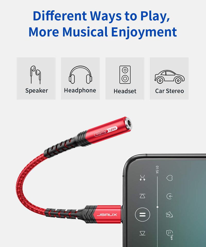 JSAUX iPhone Headphone Adapter, Lightning to 3.5mm Adapter [Apple MFi Certified] iPhone Aux Adapter Compatible with iPhone 14/14 Pro Max/13/13 Pro Max/12/12 Pro Max/11/11 Pro Max/SE/X/XR/XS/8-Red Red