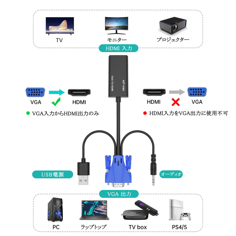 [AUSTRALIA] - MT-VIKI VGA to HDMI Adapter, 1080P Converter with Audio+USB Power from VGA Computer/Laptop to HDMI TV/Monitor, Male to Female (1 Pack) 1 pack 