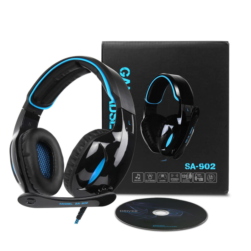 SADES Newest SA902 7.1 Channel Virtual Surround Sound USB Gaming Headset Over-ear Headphones with Noise Isolating Mic LED Light for PC Mac Computer Gamers(Black Blue) SA902Black