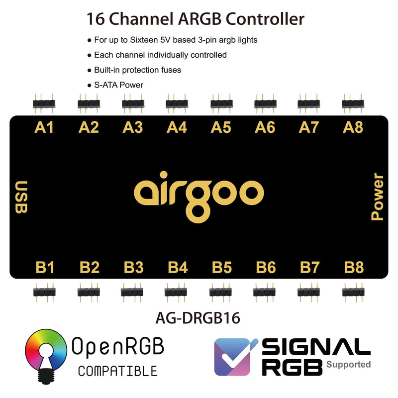 Airgoo 16-Port Signal RGB Controller - SATA Powered ARGB Controller PC Lighting Hub, Requires SignalRGB or OpenRGB Software Download for Configuration, AG-DRGB16
