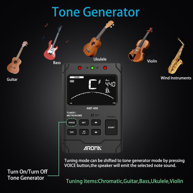 Digital Metronome Tuner Tone Generator, 3 in 1 Rechargeable Voice Counting Tap Musical Instruments Tool w/Clip-on Microphone 3in1 Chargeable