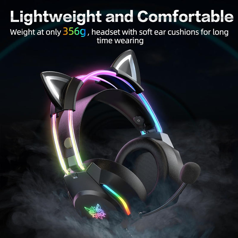 Gaming Headset with Microphone, Cat Ear Headphones for PC Laptop PS4 PS5 Xbox Switch, Rainbow RGB Lighting & Virtual Surround Sound, 3.5mm Wired Over Ear Headphones, Ergonomic Black Cat Ear
