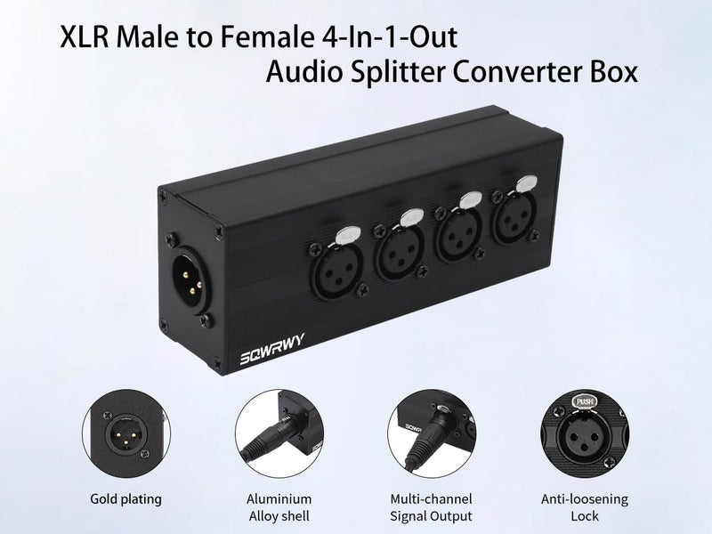 XLR 1 Male to 4 Female Audio Adapter, XLR Splitter Box 1-in 4-Out, 3-Pin Line Output Converter for Professional Use, Secure Locking Connectors, Lossless Audio Transmission for Studio & Live