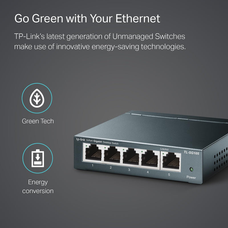 TP-Link TL-SG105, 5 Port Gigabit Unmanaged Ethernet Switch, Network Hub, Ethernet Splitter, Plug & Play, Fanless Metal Design, Shielded Ports, Traffic Optimization | Network Hub, Ethernet Splitter, Plug & Play, Fanless Metal Design, Shielded Ports, Tra...