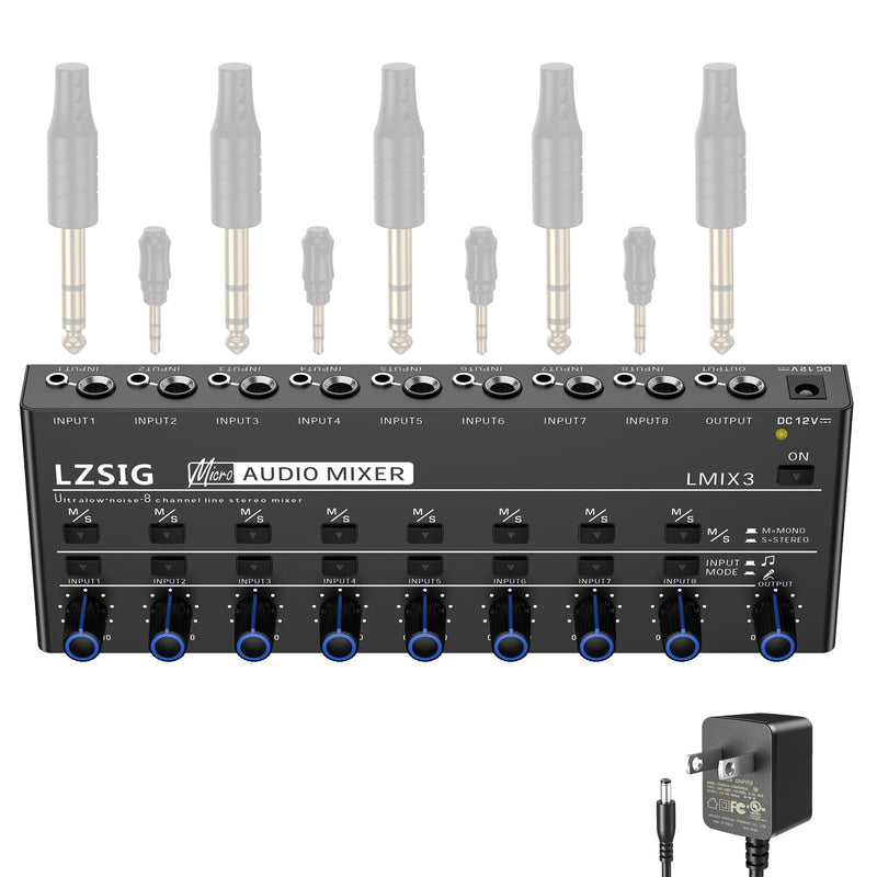 LZSIG Audio Mixer, Stereo Line Mixer for Sub-Mixing, Ultra Low-Noise, 8-Channel, Dynamic Microphone Independent Control, 1/4" & 1/8" TRS Output and Input, for Guitars,Bass,Keyboards Large(8-channel)