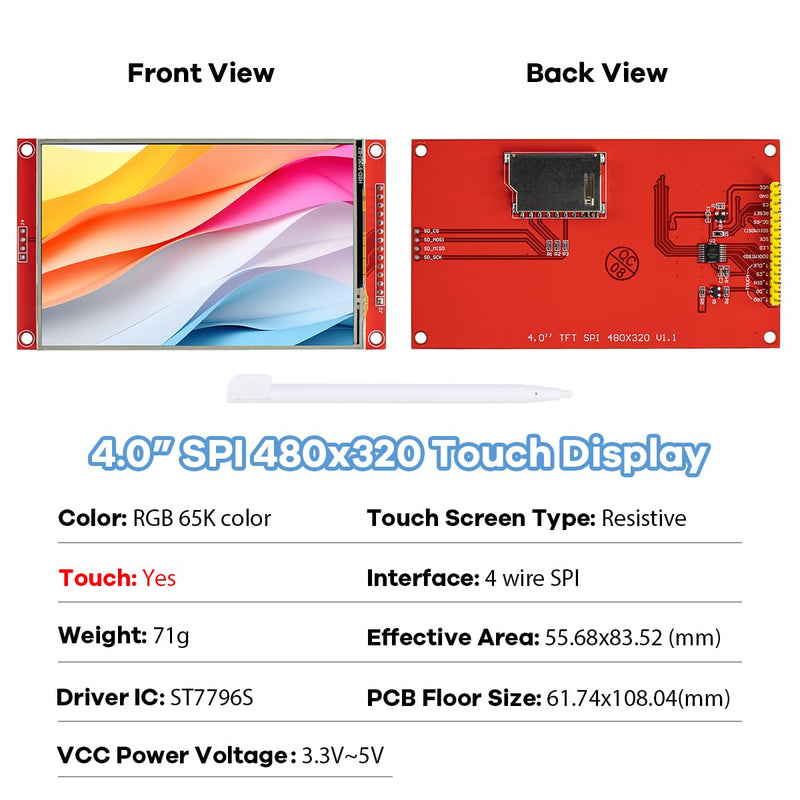 LAFVIN 4.0 Inch TFT LCD Touch Display Shield Module 480 x 320 SPI Serial ST7796S with Touch Pen Compatible with Arduino