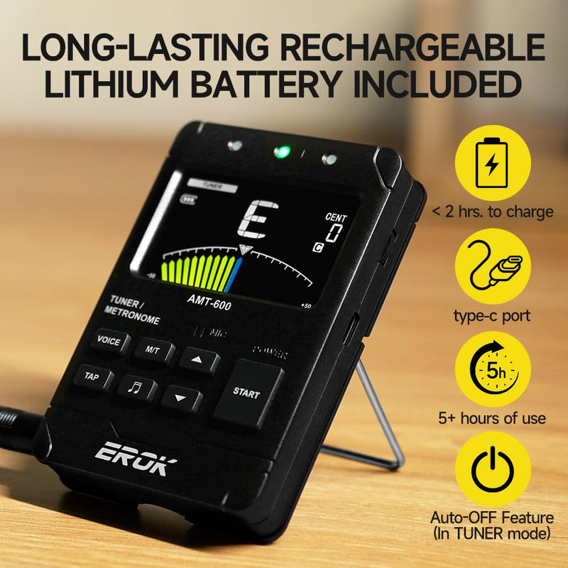 EROK Digital Metronome & Tuner - All-in-One Rechargeable Device with Stereo Headphone Output, Voice Counting, Ideal for Guitar, Bass, Violin & String Instruments(Black) Black