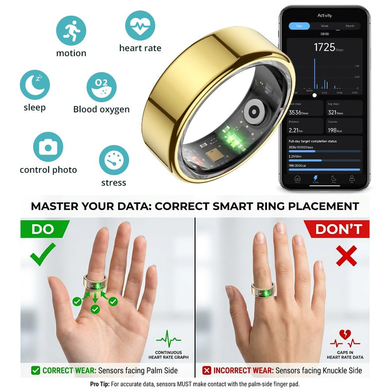 Smart Ring for Women, Health Tracker & 5ATM, COLMI R02. (Gold, 8#) | No Subscription Fee & Skin Temperature, Heart Rate, Blood Oxygen, Sleep Health Monitoring, Sports Tracking, Menstrual Cycle. Gold 8#