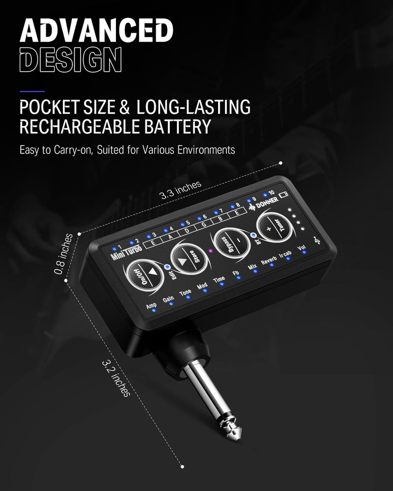Donner Guitar Headphone Amp Mini Turbo with 10 Amp Models Tuner USB Rechargeable Multi-Effects Delay Reverb Chorus Overdrive Mini Portable Electric Guitar Amp