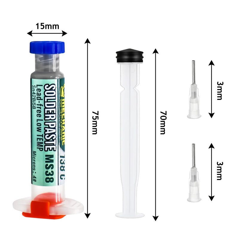 Syringe Soldering Paste, Sn42 Bi58 Soldering Paste SMD, Lead-Free Soldering Paste with 2 Dosing Tools and Push Rods, No Cleaning Required, Low Temperature 138°C, for BGA SMT Solder (20g)