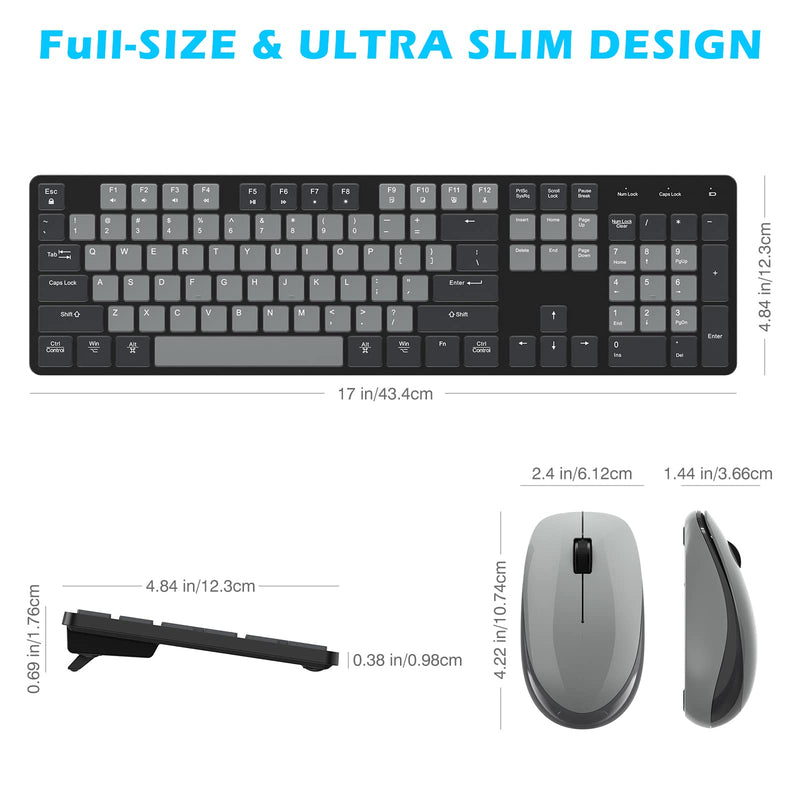 POWZAN Wireless Keyboard and Mouse, Ultra Slim Compact Full Size Wireless Keyboard and Mouse Combo 2.4G Ultra-Thin Sleek Design for Windows, Mac, Computer, Desktop, PC, Notebook - (Black Gray) Black Grey
