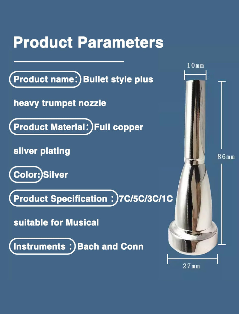 Trumpet Mouthpiece, 1C/1.5C/3C/5C/7C Silver Color Pure Full Copper Silver Plating Trumpet Mouthpiece for Beginners and Professional Players(1.5C) 1.5C