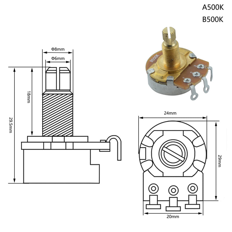 A500K B500K-OHM Guitar Potentiometer 18mm Long Split Shaft Pots Audio Volume Tone Pots Guitar Potentiometers for Electric Guitar and Bass (Set of 4)