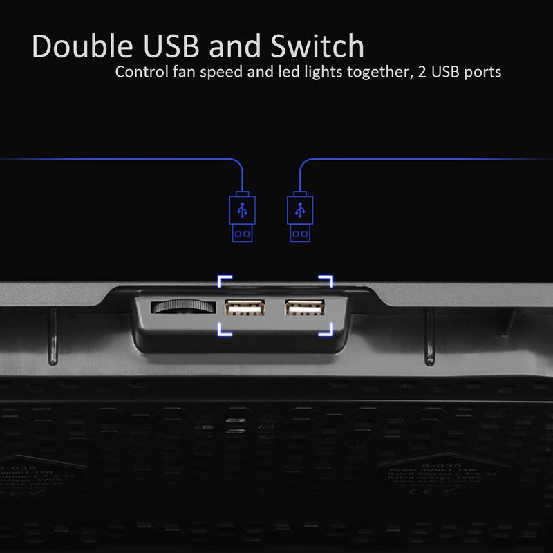 AICHESON S035 5 Fans Blue Light Laptop Cooling Pad and 2 Pack Type A Male to Type A Male Cable Combination Set