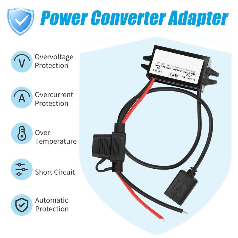 12 V to USB, 12 V to 5 V USB adapter, DC buck converter module 3 A 15 W DC to DC car power converter adapter with fuse (single USB) Single USB with fuse