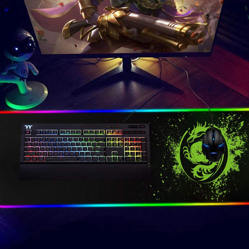 Large RGB Gaming Mouse Pad - 15 Light Modes Extended Computer Keyboard Mat, Anime Dragon Mouse Pad，High-Performance Mouse Pad Optimized for Gamer 31.5 X 12in (Green) Green