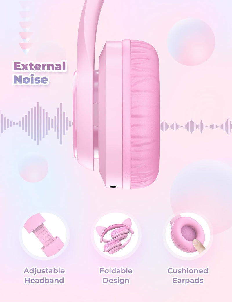 iClever Kids Headphones with Cat Ear Led Light Up, Safe Volume Limite Kids Wired Headphones with FunShare Foldable Over-Ear Headphones for Kids/School/iPad/Tablet/Travel, Meow Donut-Pink Pink Medium