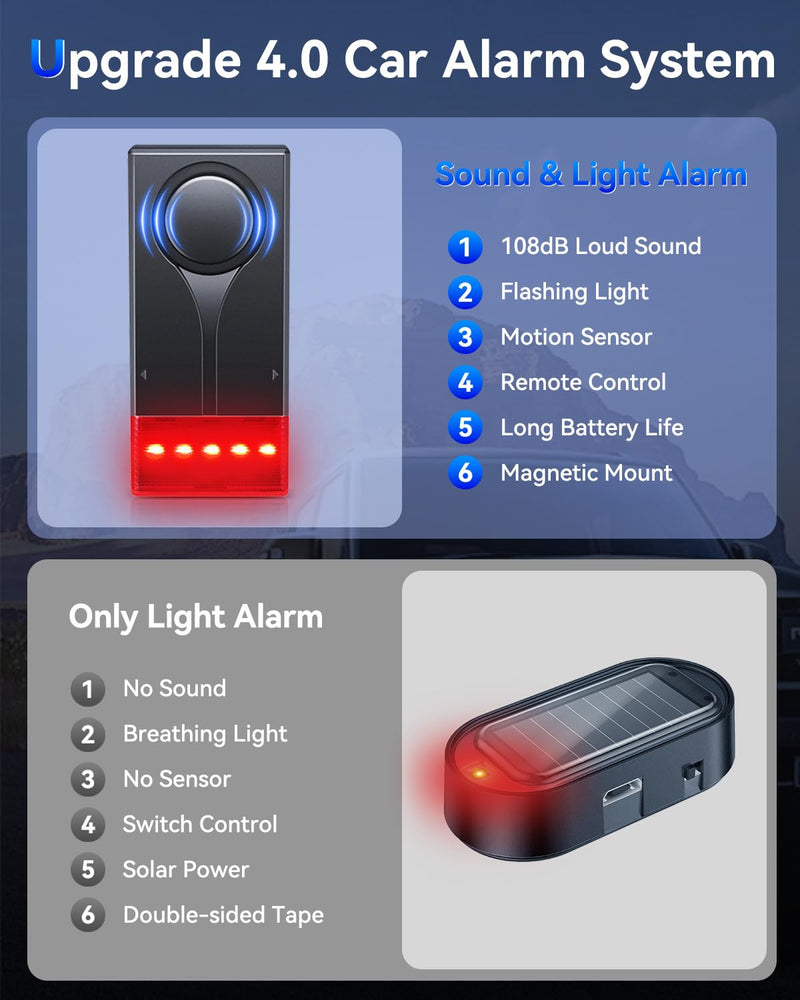 108dB Car Alarm System, Car Anti-Theft Vibration Sensor Alarm & Red Light Alarm, Wireless Remote Anti Theft Car Device with Magnetic Install Design for Car, Truck (Upgrade 4.0)