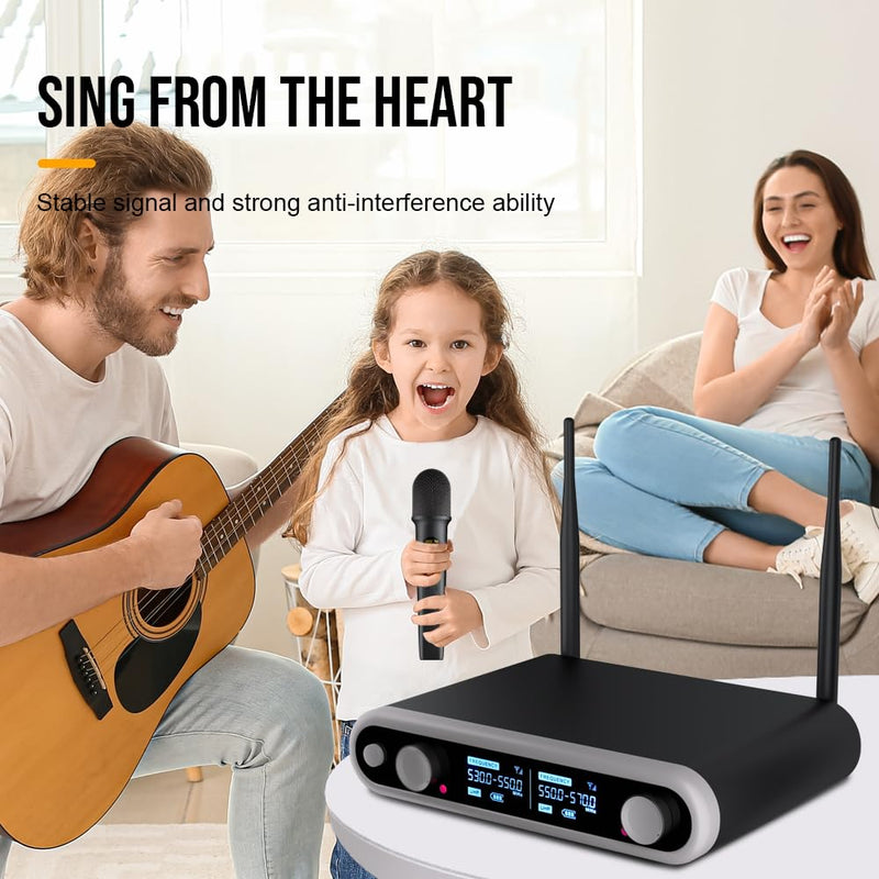 [AUSTRALIA] - NG-88 2-Channel Wireless Microphone System, VHF Fixed Dual Band Wireless Kit with 2 Handheld Dynamic Transmitter Microphones and Receiver Base, for Sing, Wedding, DJ, Party, Black 