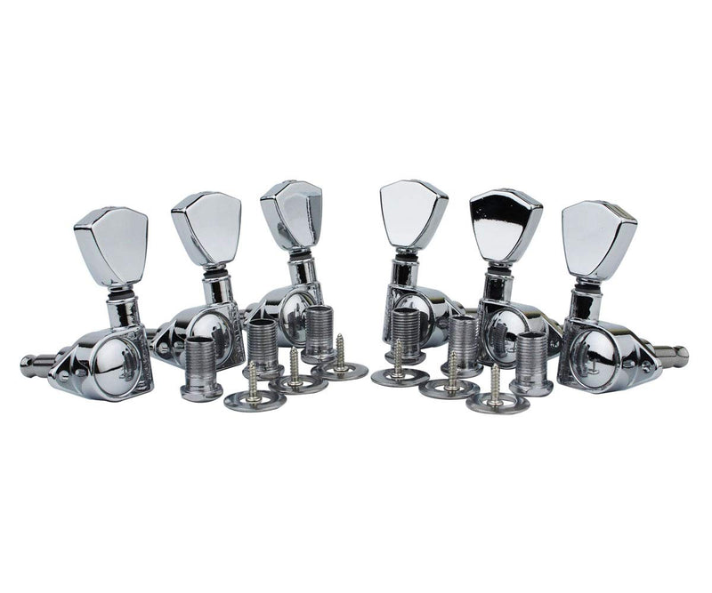 Guyker Guitar Machine Heads (3L + 3R Handed) – 1:21 Sealed Tuners Tuning Key Pegs with Trapezium Button Replacement for Electric, Folk or Acoustic Guitars – Chrome, GK104