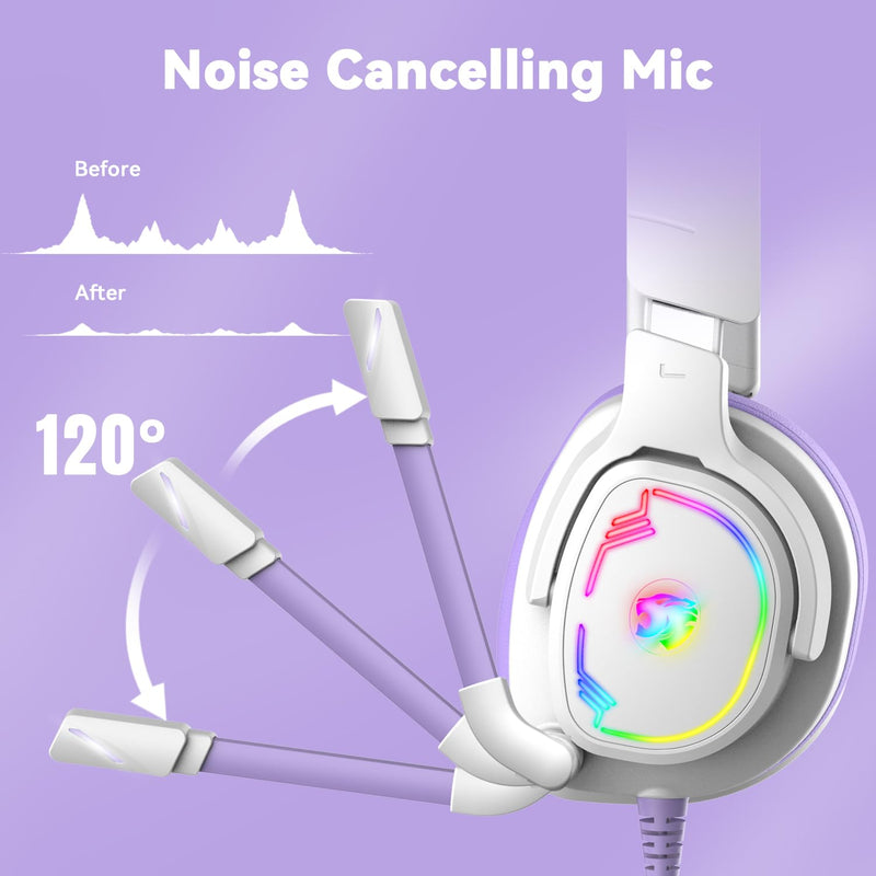 [AUSTRALIA] - Jimonyer Gaming Headset for PC/PS4/PS5/Xbox One/Switch, Stereo Surround Sound Gaming Headphones with Noise Canceling Flexible Mic, Computer Headset with 3.5mm Jack & RGB Light (WhitePurple) WhitePurple 